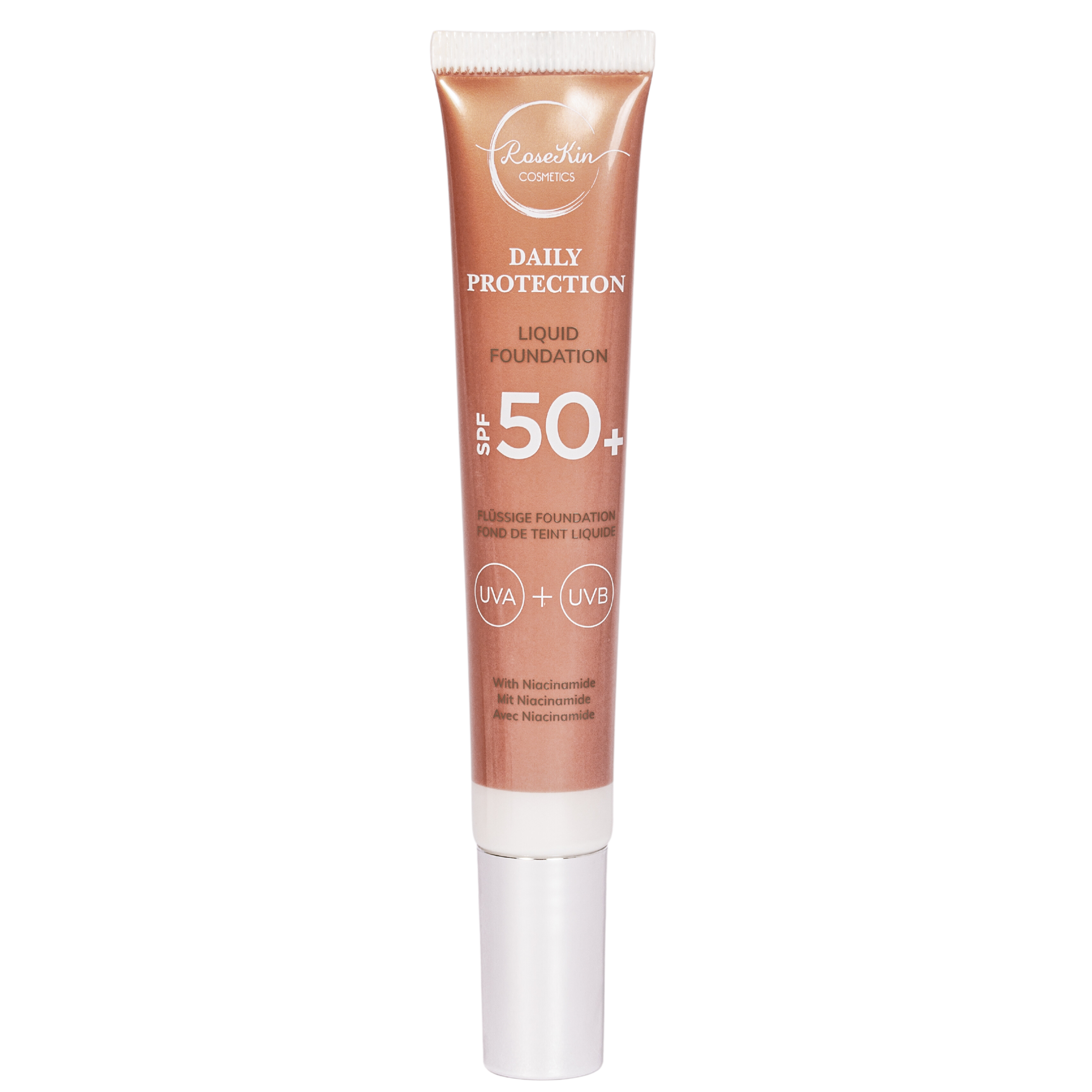 Base de maquillaje líquida de protección diaria Rosekin Cosmetics SFP 50+